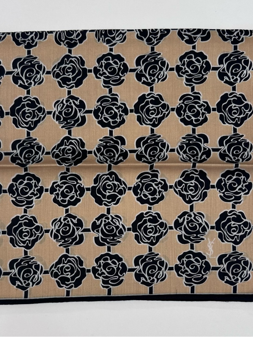 WOMEN HANDKERCHIEF YSL Floral Rose Black Beige COTTON POCKET SQUARE 19” - Picture 3 of 6